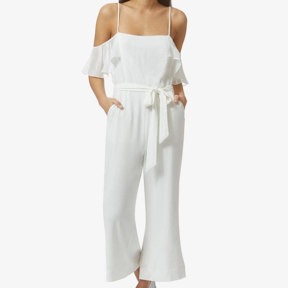 Avec Les Filles Ruffle Off Shoulder Belted Culotte Cropped Jumpsuit White Size 6